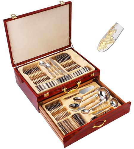 GDBTDL 72 Piece Stainless Steel Silverware Set for 12, Complete Cutlery with Knives, Forks & Spoons, Elegant Dining Utensils with Wooden Gift Box for Weddings, Parties & Home Use