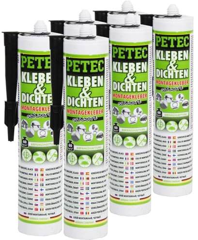PETEC 6x 94729 Glas-Metall-Klebstoff | 6x 94729, PETEC Kleben & Dichten 290 Ml, Schwarz,