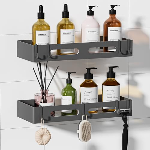 Wisfame Estanteria Ducha Sin Taladrar，2 Piezas Estanteria Baño, Organizador Baño Adhesivas con 8 Ganchos, Soporte Ducha Pared (Gris