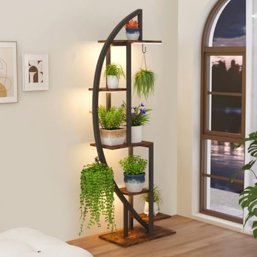 GOKHOMX 6 Niveaux Support de Plantes d'intérieur avec Lampe de Croissance, Grand Étagère pour Plantes Interieur 160cm Haut Support de Pot de Fleur en Métal pour Salon Couloir Balcon, 50x30x160 cm