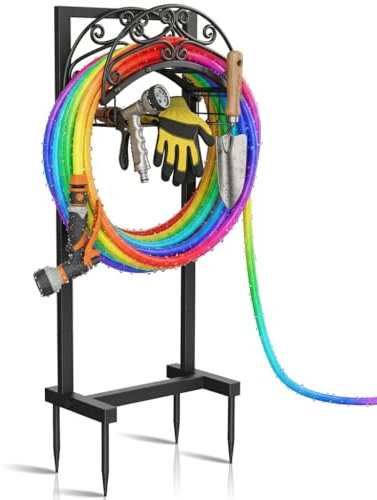 2-in-1 Garden Hose Holder with Storage Basket, Heavy Duty Metal Freestanding Hose Stand, Stable 3-Prong Ground Stake, Rustproof Outdoor Water Pipe Organiser Rack for Outside Yard Lawn - Black