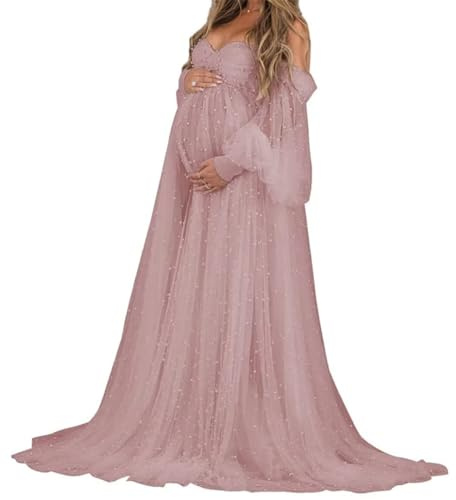 AHERKLL Långärmad pärla tyll rock moderskapsklänning för fotografering off-shoulder underkläder baby shower graviditetsklänning AH062, Dammig ros, 52 stor