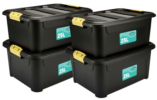 Pack Of 4 Plastic Storage Boxes Black, Heavy Duty Multi-Purpose Indoor & Outdoor Stackable Strong Container Lid Yellow Lock Clip Handles Home, Office School Arts & Crafts Nestable (25 Litre)