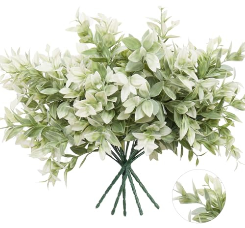 RECUTMS Outdoor Fake Plants Fake Greenery Stems Artificial Outdoor Shrubs | 6Pcs UV Resistant Artificial Garden Plant Outdoors Plastic Greenery Leaves for Front Porch Home Backyard Outside Decor(White)