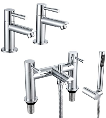 Wasserrhythm Twin Basin Taps Pair Bath Filler Tap with Shower Set Lead-Free | Bathroom Sink Taps Tub Taps with Shower Head Set Chrome Stainless Steel Faucets Traditional Silver 2PCs Tap 1/4 Turn Lever