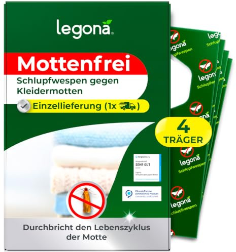 Legona Schlupfwespen gegen Kleidermotten, 4 Träger, Einzellieferung | Ergänzende Lieferung gegen Motten in Kleiderschrank, Schubladen, Wollkleidung und Textilien