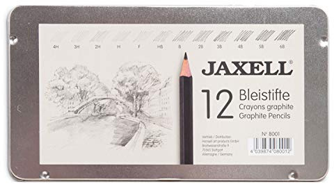 Honsell Jaxell Bleistift Set, 12 Bleistifte im Metalletui, Härtegrade von 4H - 6B, schwarz lackiert, ungiftig, Sechskantform