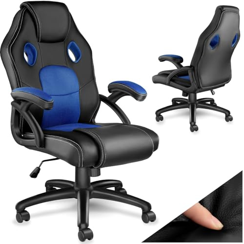 tectake® Sedia da Ufficio Ergonomica, Sedia Scrivania con Rotazione 360°, Imbottitura Confortevole, Rivestimento Similpelle, Poltrona Gaming con Altezza Regolabile, 5 Rotelle Doppie - Nero/Blu