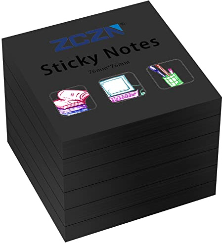 ZCZN Haftnotiz Sticky Notes Selbstklebende Haftnotizzettel Notizzettel Klebezettel 6 Blöcke, 80 Blatt, 76 x 76 mm, schwarz