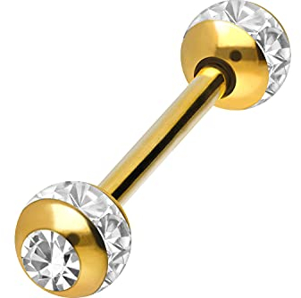 PIERCINGLINE Chirurgenstahl Barbell EPOXYRING KUGELN + KRISTALLE Piercing Stab Brust Zunge Goldfarben Kristallklar 16 mm