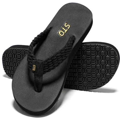 STQ Womens Flips Flops with Yoga Mat Quick Dry Thong Sandals for Water,Shower,Vacation All Black US 8