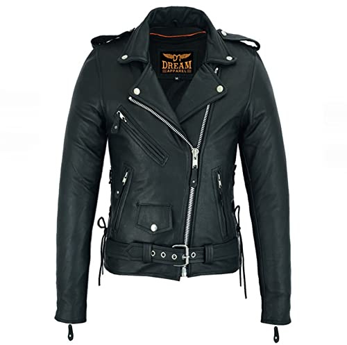 Dream Apparel Women’s Classic Leather Motorcycle Jacket with Zip Out Lining, Biker Jacket for Ladies with Side Laces (Black, Size 2XL)