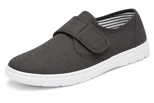 GladRags Mens Canvas Hook & Loop Strap Closure Wider Fit Plimsoll Pump Trainer Deck Shoe, Charcoal, Size 10