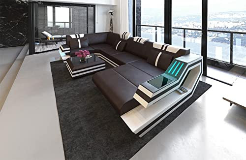 Wohnlandschaft Ravenna Sofa U Form Ledersofa - mit LED Beleuchtung, verstellbare Kopfstützen, Recamiere/Lederfarben wählbar/Ausrichtung wählbar (Ottomane rechts, Braun-Weiß)