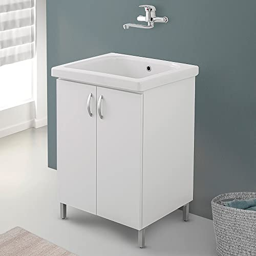 Mobile lavatoio lavanderia in legno con vasca in ceramica, con strofinatoio integrato, completo di kit sifone + piletta (Bianco, 60x50 cm 2 ante)
