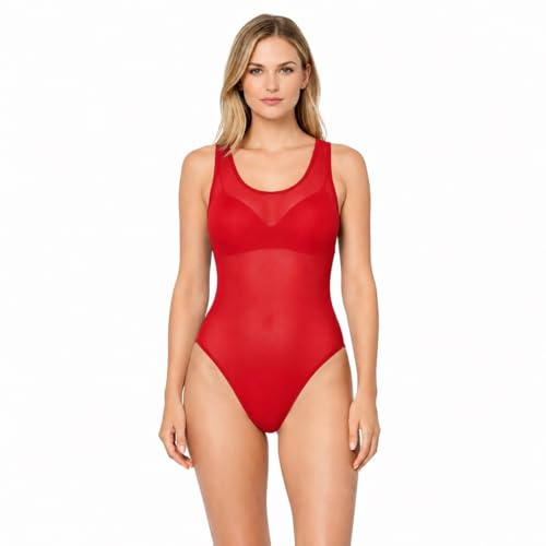 Lazutom Women's Sexy See Through One Piece Mesh High Cut Sleeveless Bodysuit Swimsuit Mesh Leotard Top (Red, One Size)