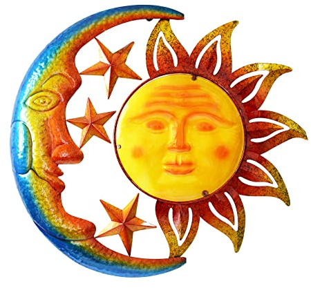 BVLFOOK Große 45.7 cm Metall-Sonne, Mond, Stern, Wandkunst, Dekoration, helle Farbe, inspirierende himmlische Dekoration, beständig gegen Rost, Metallskulptur, Hof, Garten