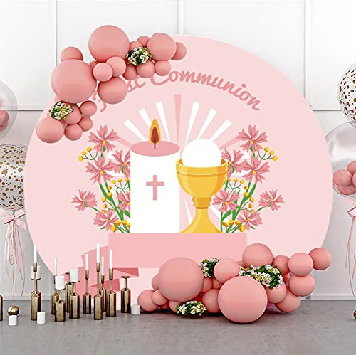 Bovlleetd 100 cm Première Communion Toile de Fond God Bless Photographie Fond Rose Fleurs Calice Bougie Brûlante Toile de Fond Ronde pour Nouveau-né Fête d'anniversaire Décoration Bannière