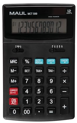 Maul Kommersiell Miniräknare Mct 500, Räknare Med Kommersiella Funktioner Och 12-Siffrig Display, Stor, Vinklad Skärm, inklusive Styrberäkning, Sol/Batteri, Svart