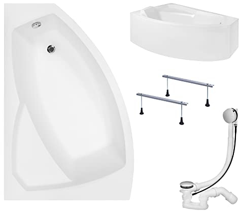 KOLMAN Badewanne RIMA Eckbadewanne 130x85 Links mit AcrylSchürze, Ablaufgarnitur und Füßen Komplettset 4in1 Premium Original Acryl Wanne Siphon