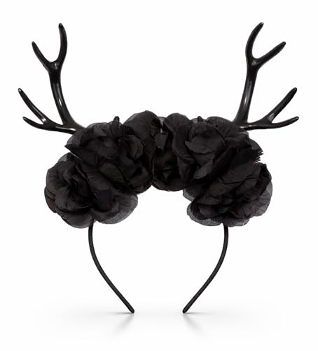 Brandsseller Haarreif Reh Geweih mit 5 schwarzen Rosen Hirsch Rentier Karneval Verkleidung Accessoires