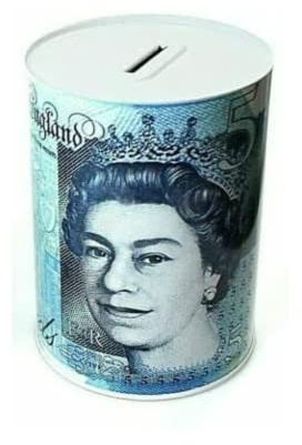 AZK Solutions Money Tin | Cash Box | For Saving Cash & Coins | Multi-Color Design With Pound Notes Printed | (£5 - Five Pounds, S)