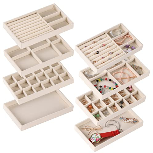 CDBOVID Set mit 8 stapelbaren Samt-Schmuck-Organizer-Tabletts, 4 Stile, Schmuck-Aufbewahrungs-Einsatz, geteilte Display-Ablagen für Schublade, Uhren, Zubehör mit abnehmbaren Trennwänden (beige)