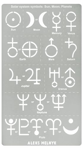 Aleks Melnyk Nr.413 Metallschablone, Symbole des Sonnensystems, Sonne, Mond, Planeten, kleine Schablone, 1 Stück, Vorlage für Holzverbrennung, Gravur, Basteln, Sammelalbum
