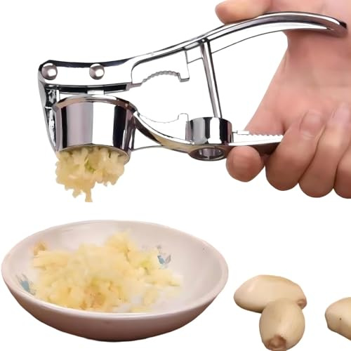 KINTEGOOD 5-in-1 Stainless Steel Garlic Press, Multi-Function Kitchen Gadget with Mincer, Crusher, Bottle Opener, Pit Remover