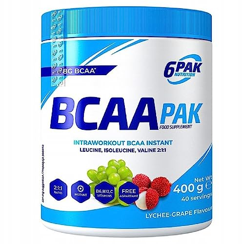 6PAK Nutrition - BCAA Pak - Aminosäuren - Vitamine - Nahrungsergänzungsmittel - Regeneration nach dem Training - 400g Pulver - (Lychee mit Trauben)