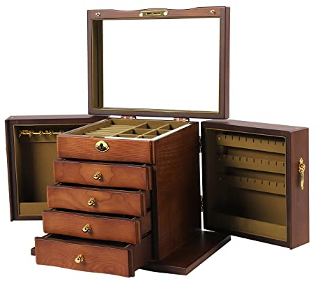 soudesileim 5 Schichten Schmuckkoffer, Schmuckkästchen Holz Frauen, Massivholz-Organizer Mit Kombi-Schloss Und Spiegel, Vintage-Stil, FÜR Halsketten Ringe, Geschenk