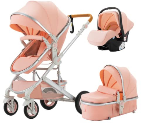 YAZOCO Kinderwagen 3 in 1,Kombikinderwagen reisesysteme mit tragbar Wickeltasche Moskitonetz Regenschutz Fußsack, Zusammenklappen, Liegeposition Hohe Landschaft (2 Rosa)
