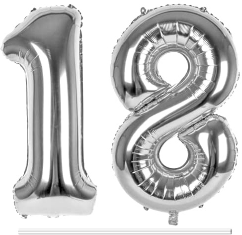 LAPONO Zahlen Luftballons 18 Silber, 2 Folienballons Zahlen 1+8, Helium Geeignet mit Aufblashalm, Selbstschließendes Ventil, Geburtstag Deko Party Foto für 18. Geburtstag Jubiläum Tischdeko Alter
