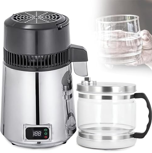 CYTBEK Pure Water Distiller with Glass Lid Bucket, 750w 4L Distilled Water Machine, 304 Stainless Steel Liner Therm Lock Electric Water Purifier Digital Display Button for Kitchen or Lab silver