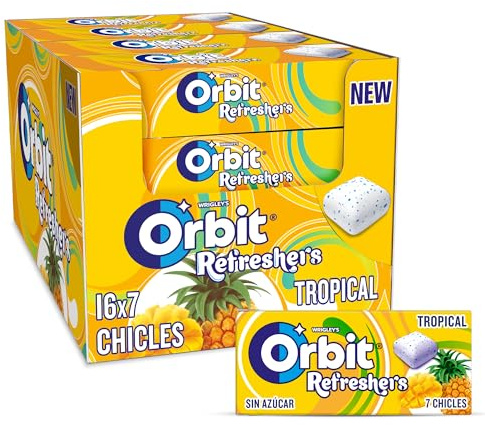 Orbit Refreshers Chicles Sin Azúcar Sabor Tropical Grageas 16x7 u. | Grageas de chicle sin azúcar con sabor tropical refrescante -- formato multipack ideal para la oficina y compartir