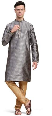 SKAVIJ Herrbroderad Kurta pyjamasset Jacquard silke etniska motiv 2-delat set, Grå, XL