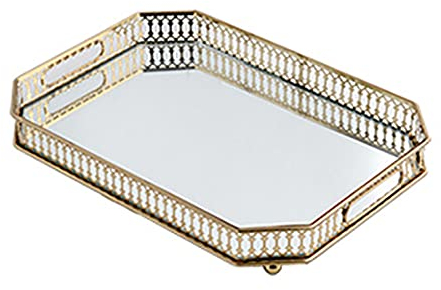 HUSPOO Plateau miroir, doré, vintage, en verre, pour bijoux, cosmétique, plateau décoratif pour commode, salle de bain, chambre à coucher, décoration intérieure (rectangulaire)
