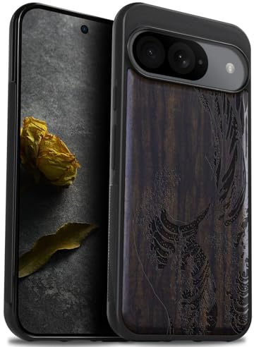 Carveit Coque en Bois pour Google Pixel 9 Étui Protection Artistique Cover TPU Souple de téléphone Antichoc Compatible avec Pixel 9 Etui (Bois Sombre-Vague Kanagawa)