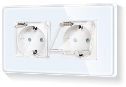LIAONFOY Runde Schuko Doppel Steckdose mit Deckel Unterputz 2 Fach Wandsteckdose weiß Farbe mit Glasrahmen 16Amp 110-250V 157mm