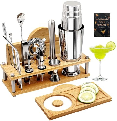 Daily Treasures Professional Cocktail Making Kit with Bamboo Display Stand & Margarita Salt Rimmer,16-Piece Bartender Kit for Home Bar,825ml / 28oz Boston Shaker, Cocktail Making Gift Set Bar Tool Set