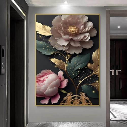 LIMAIDUO Poster mit Blattgold und rosa blühenden Blumen, moderne dekorative Gemälde, Leinwand, Wandkunst, Bilder, Wohnzimmer, Heimdekoration, 70 x 100 cm, rahmenlos