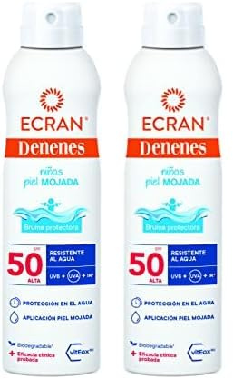 Ecran Denenes - Bruma Protectora Solar Piel Mojada FPS 50+ para Niños en Spray, 80 Minutos de Protección UVB, UVA e IR-A, con Extracto de Algodón y Vitamina E, Pieles Sensibles y Atópicas - 250 ml