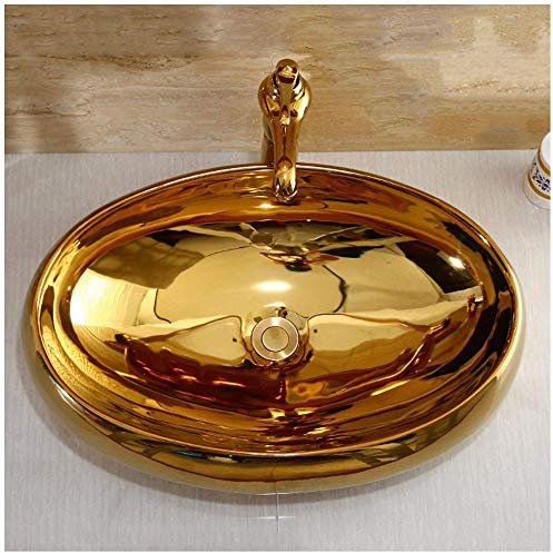 CAFIEDR Lavandino Ovale in Ceramica, lavabo da appoggio per Il Bagno Senza troppopieno, Perfetto per la ristrutturazione del Bagno, 48X35x15cm/60X40x15cm, dor((+Rubinetto))