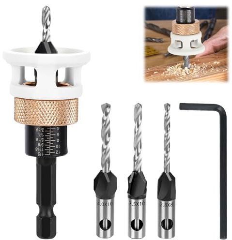 Punta da Trapano con Svasatore,Set di 6 Svasatore per Legno,Punte Regolabile per Svasatura,con Attacco Esagonale da 1/4, in HSS-M2,Fori di Precisione, per Lavorazione del Legno