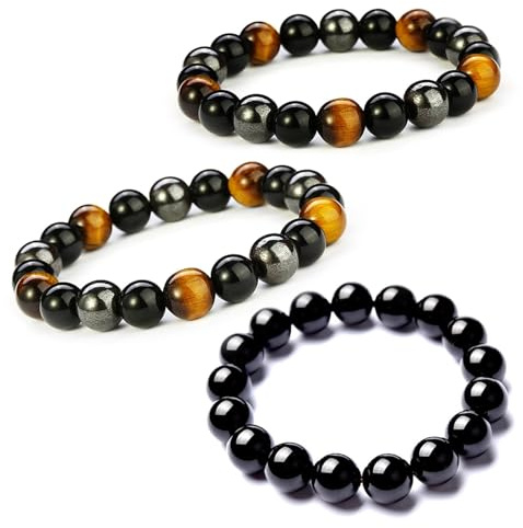 3 st tredelat armband skydd, 8/10 mm armband tigeröga turmalin svart elastiskt armband kristall dam armband hematit pärlor ger lycka och välstånd unisex, Taglia Unica, Kristall, 0 st
