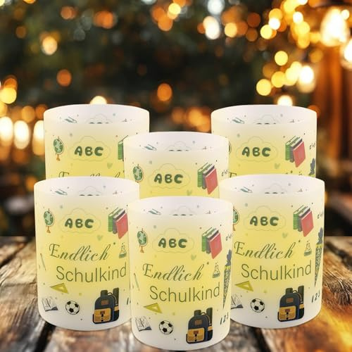 Apdvenk 12 Windlicht Tischdeko Einschulung Junge, Tischdeko Schulanfang, Schulanfang Jungen Deko mit Motiv Schulranzen Tafel Schultüte, Schulkind Deko Blau