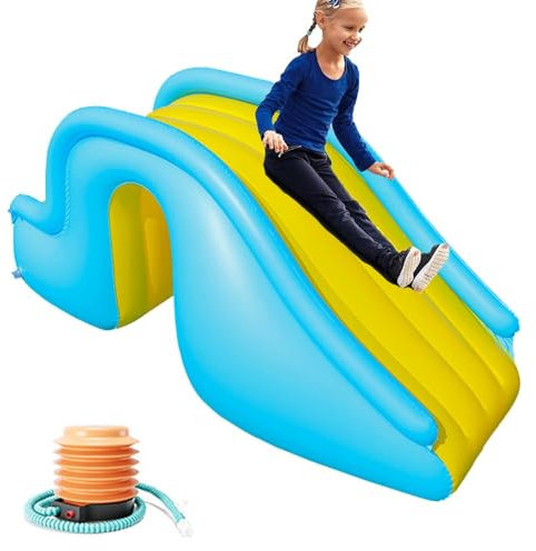 HNGKGJBL Toboggan Aquatique Gonflable Bleu Et Jaune avec Pompe à Pied pour FêTes dans Le Jardin, IdéAl pour Les Adultes Et Les Enfants