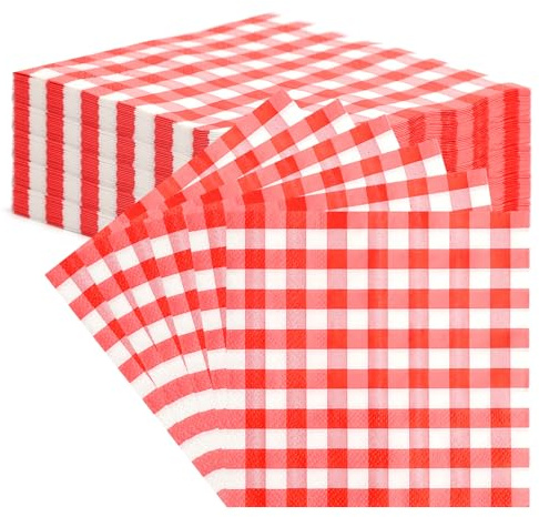 UOCAI 40Stück Kariert Papier Serviette Cocktail Karierte Serviette Einweg Rot Kariert Servietten, Servietten Rot Weiß, Plaid Napkins, Oktoberfest Deko, Geeignet für Restaurants Bars und Picknickpartys