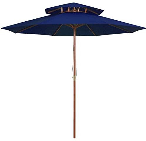 HaoChrymec Sonnenschirm mit Doppeldach und Holz-Mast, Blau, 270 cm, Sonnenschutz für Balkon, Terrasse, Camping, Strandschirm, Balkon Schirm, 38 mm Mastdurchmesser