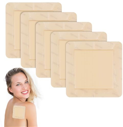 5 Stück Silikonschaumverband 12,5cm x 12,5cm (8,5cm x 8,5cm Wundkissen), Silikonkleber Schaumstoffverband, Selbstklebender Wundverband, Wasserdichter Wundpflaster, für Dekubitus, Verbrennungen, Blasen